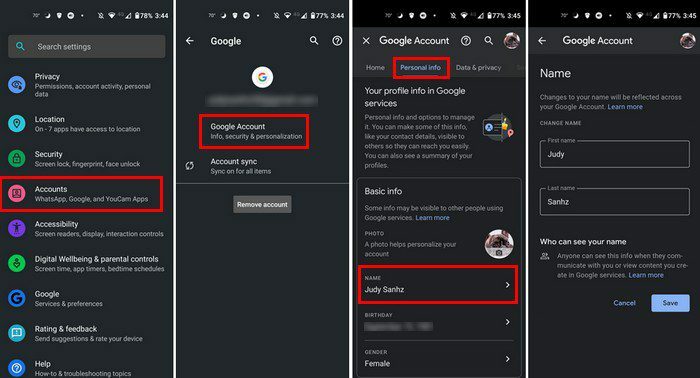 Android Google vārda maiņa