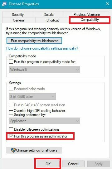 Pokrenite Discord kao administrator s kartice Kompatibilnost