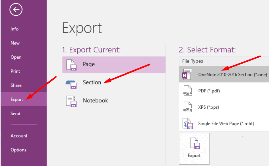 ექსპორტი onenote განყოფილება