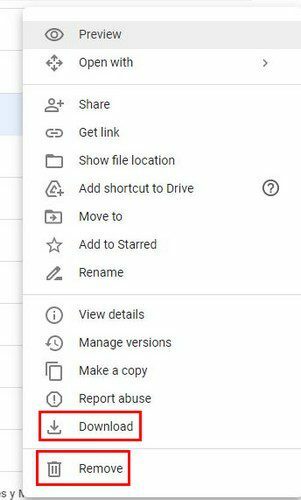 Google Drive حذف وتنزيل خيارات الملف