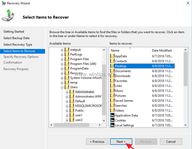 Récupération de sauvegarde de Windows Server