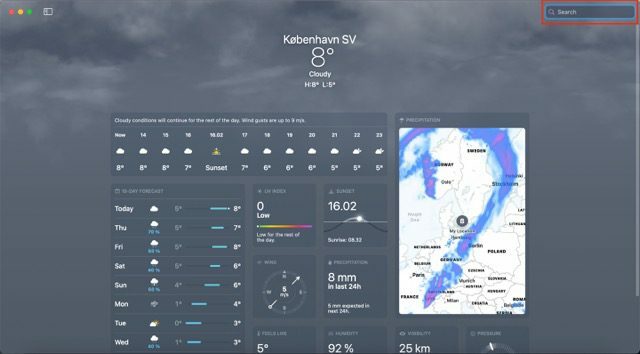 Aplicación meteorológica de la barra de búsqueda de Mac