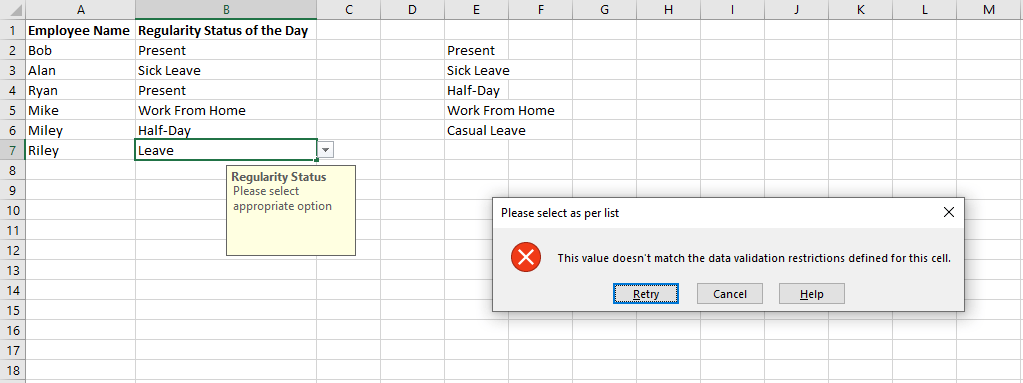 Példa legördülő lista létrehozására Excelben