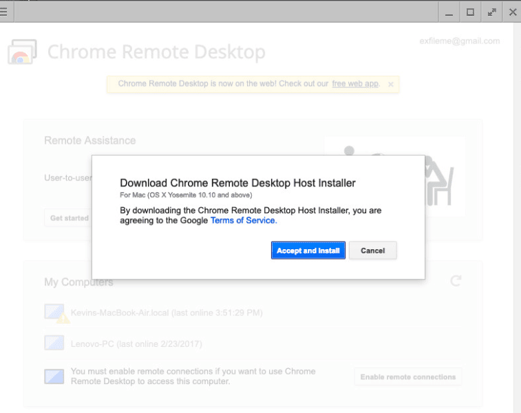 Chrome Remote Desktop - Accepter og installer