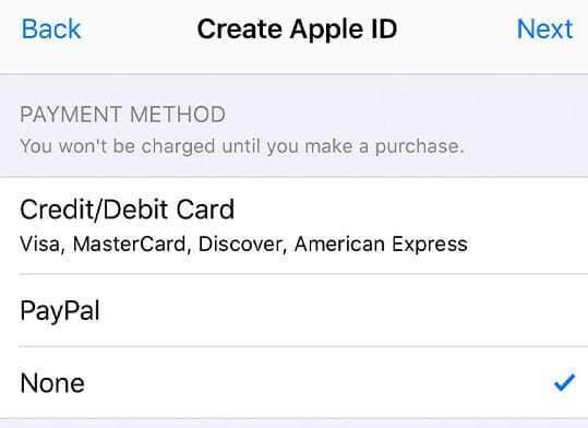 El método de pago no es ninguno para la nueva identificación de Apple.