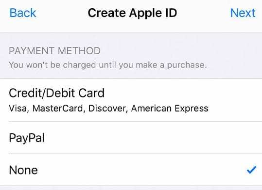 način plaćanja nije nikakav za novi Apple id