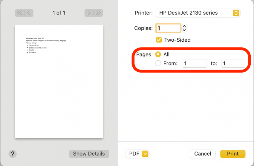 Если вы хотите распечатать только определенные страницы, введите начальную и конечную страницы раздела, который вы хотите распечатать; в противном случае вы можете выбрать «Все», чтобы напечатать весь документ.