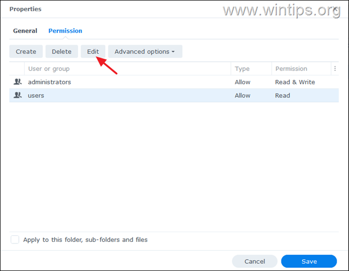फ़ोल्डर अनुमतियाँ संपादित करें- synology