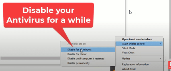 थोड़ी देर के लिए एंटीवायरस को अक्षम करें