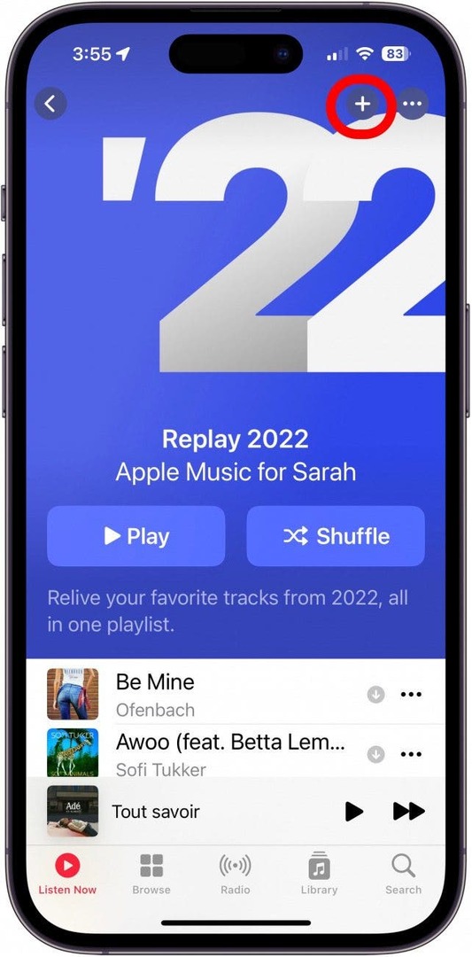 toque no sinal de mais para adicionar a lista de reprodução do apple replay