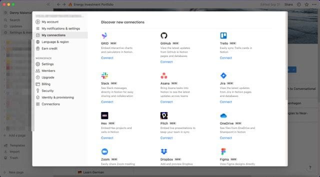 Screenshot mit den verschiedenen Apps, die Sie in Notion auf dem Mac verbinden können