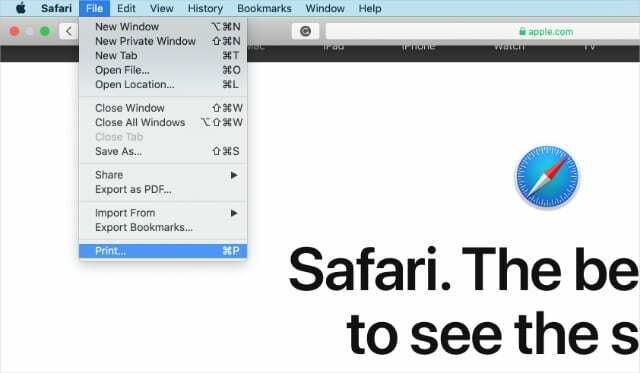 ბეჭდვის ვარიანტი Safari File მენიუში