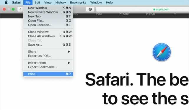 ตัวเลือกการพิมพ์ในเมนูไฟล์ Safari