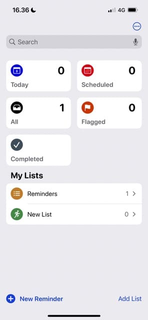 Екранна снимка, показваща списък, добавен в Напомняния в iOS
