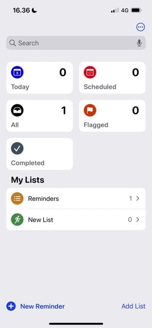 სკრინშოტი, რომელიც აჩვენებს iOS-ზე Reminders-ში დამატებულ სიას