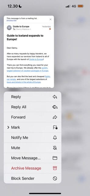 ekrānuzņēmums, kurā parādīta pasta nolaižamā izvēlne operētājsistēmai iOS