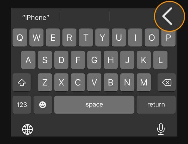 pictograma săgeată înapoi de pe bara de format de pe tastatura iPhone sau iPad