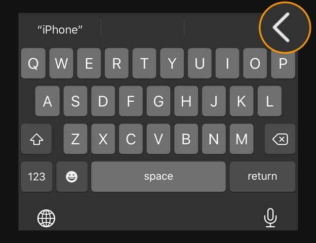 Atpakaļ bultiņas ikona iPhone vai iPad tastatūras formāta joslā