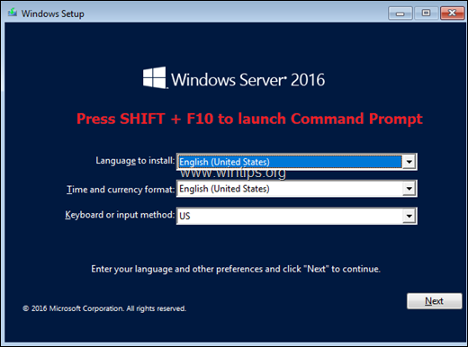 SHIFT + F10 for at få adgang til kommandoprompt 