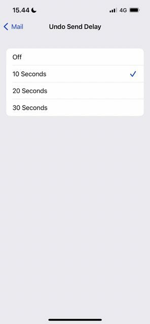 Snímek obrazovky ukazující, jak vrátit zpět možnosti zpoždění odeslání v systému iOS