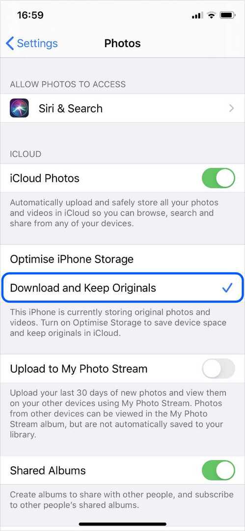 Instellingen voor iPhone-foto's met de downloadknop gemarkeerd