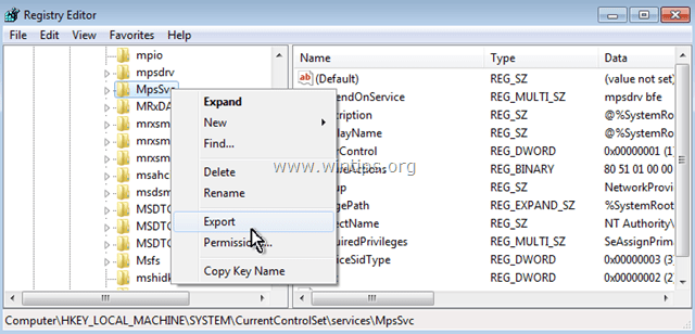 exportați cheia reg MpsSvc