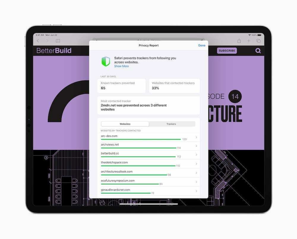 iPadOS 14 Safari adatvédelmi jelentés
