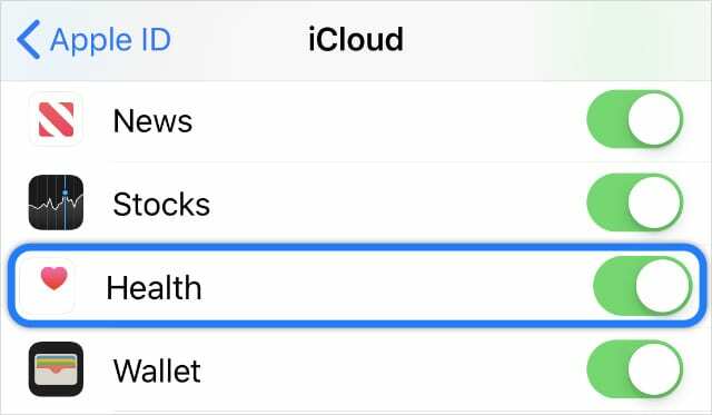 אפשרות סנכרון של iCloud Health