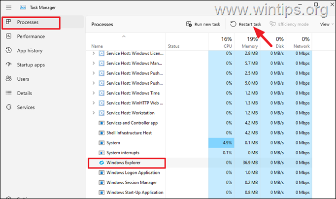 restartujte procesy průzkumníka Windows