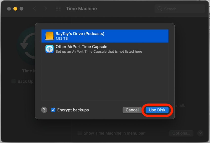 Натисніть Використовувати диск, щоб використовувати вибраний диск для резервного копіювання вашого Mac
