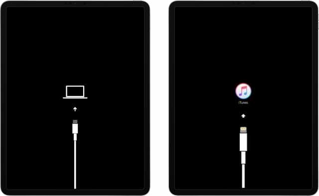 iPad Pro se starými a novými ikonami režimu obnovy, iTunes a Počítač