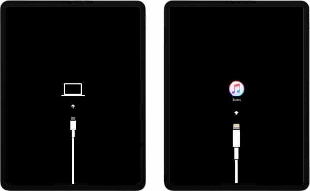 iPad Pro mit alten und neuen Symbolen für den Wiederherstellungsmodus, iTunes und Computer