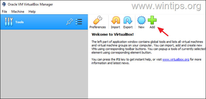 Dokument VirtualBox Manager je prázdny