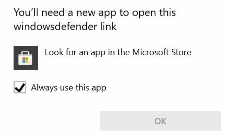 U hebt een nieuwe app nodig om deze WindowsDefender-link te openen
