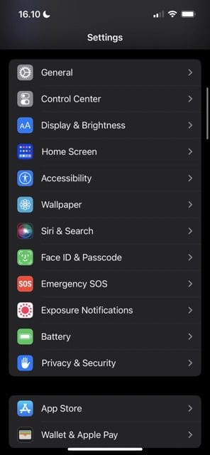 Captura de pantalla que muestra la aplicación Configuración en iOS