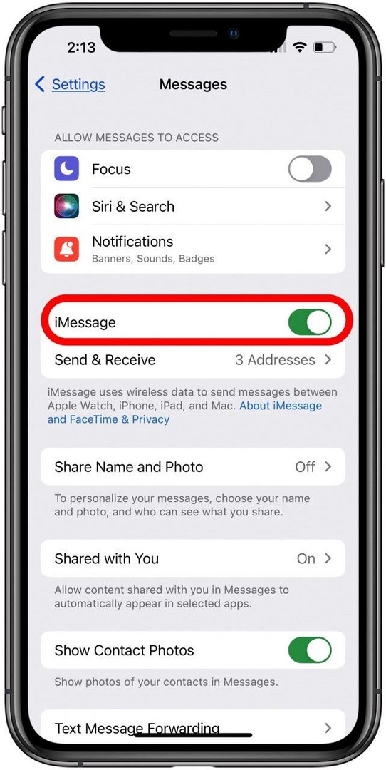 disattiva imessage nelle impostazioni