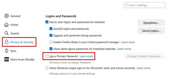 फ़ायरफ़ॉक्स सेटिंग में एक प्राथमिक पासवर्ड विकल्प का उपयोग करें