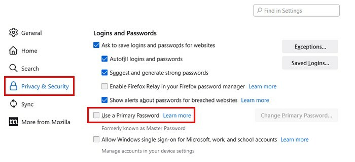 Izmantojiet primārās paroles opciju Firefox iestatījumos