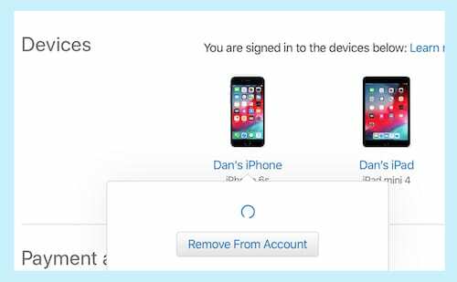 Screenshot der Schaltfläche „Vom Konto entfernen“ unter Apple-ID-Geräten.