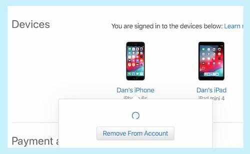 Snímek obrazovky tlačítka Odebrat z účtu pod zařízeními Apple ID.