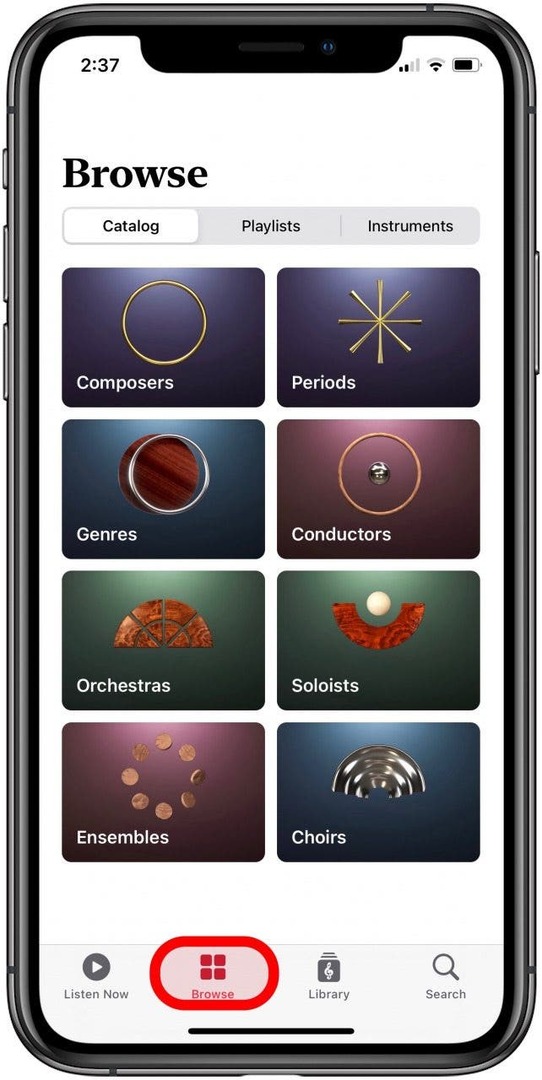ऐप्पल संगीत शास्त्रीय ऐप ब्राउज़ टैब