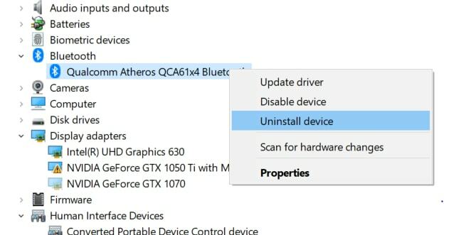 Choisissez Désinstaller le périphérique pour l'adaptateur Bluetooth