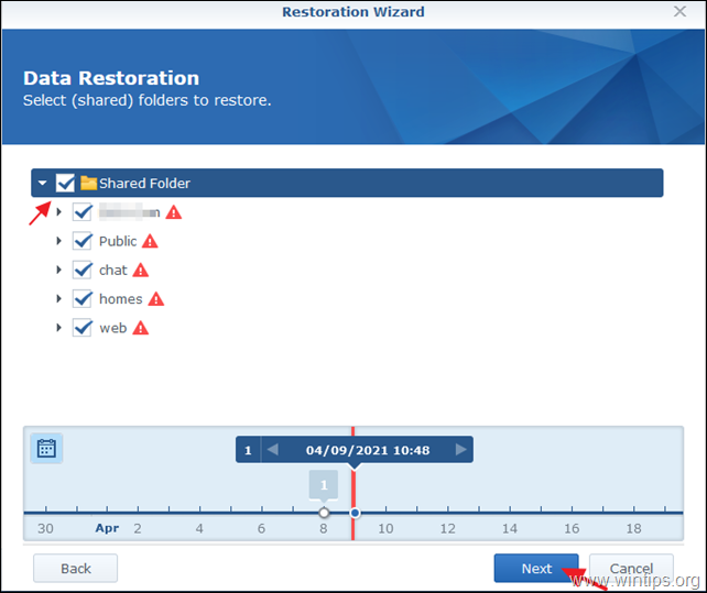 Przywracanie danych — Synology