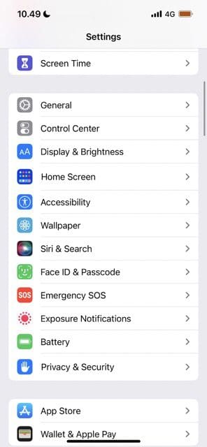 Screenshot der Benutzeroberfläche der Einstellungs-App auf ios
