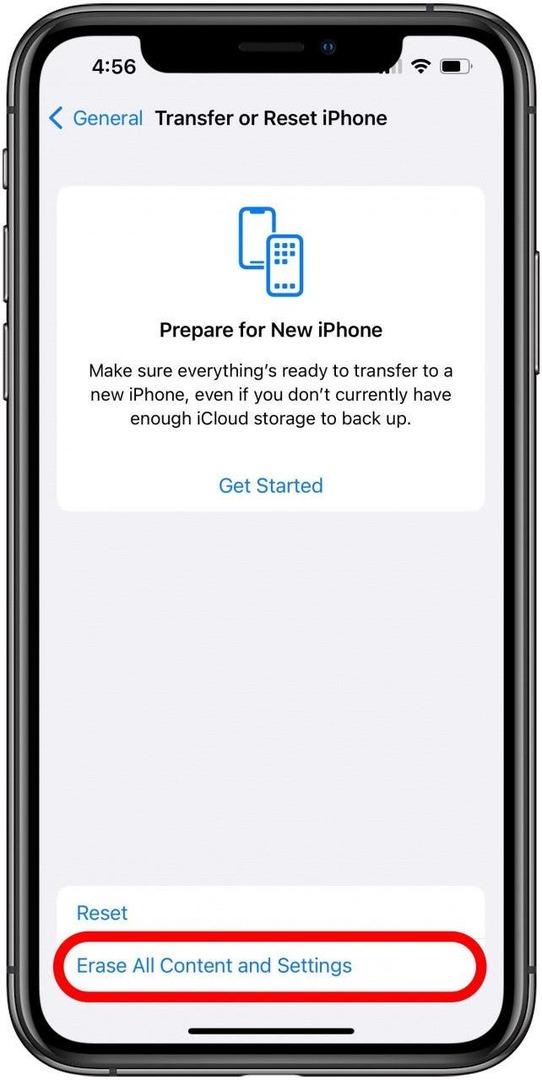 Siirrä tai palauta iPhonen asetusnäyttö, jossa on Poista kaikki sisältö ja asetukset -vaihtoehto
