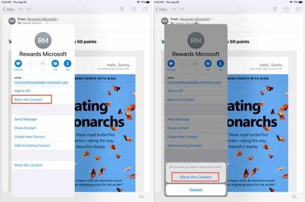 დაბლოკეთ ეს კონტაქტი Mail iPadOS-ში