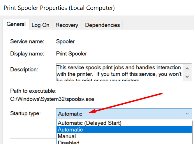 definir o tipo de inicialização do spooler de impressão para automático