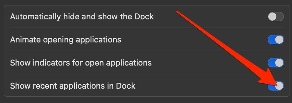 Képernyőkép, amely bemutatja, hogyan lehet elrejteni a legutóbbi alkalmazásokat a Mac gép Dockjában