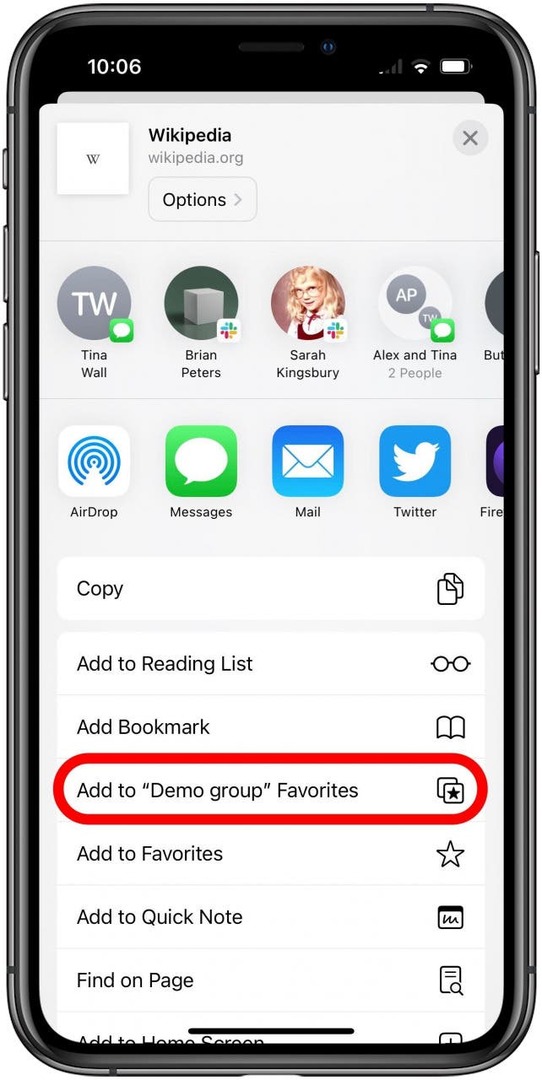 Aplikace Safari s otevřenou kartou Share Sheet for a Group s označenou možností Přidat do „Demonstrační skupiny“ Oblíbené.