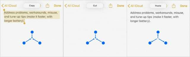 Pellizcar para copiar, cortar y pegar en notas en iOS 13